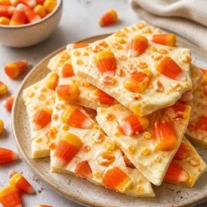 Colorful candy corn bark topped with festive treats