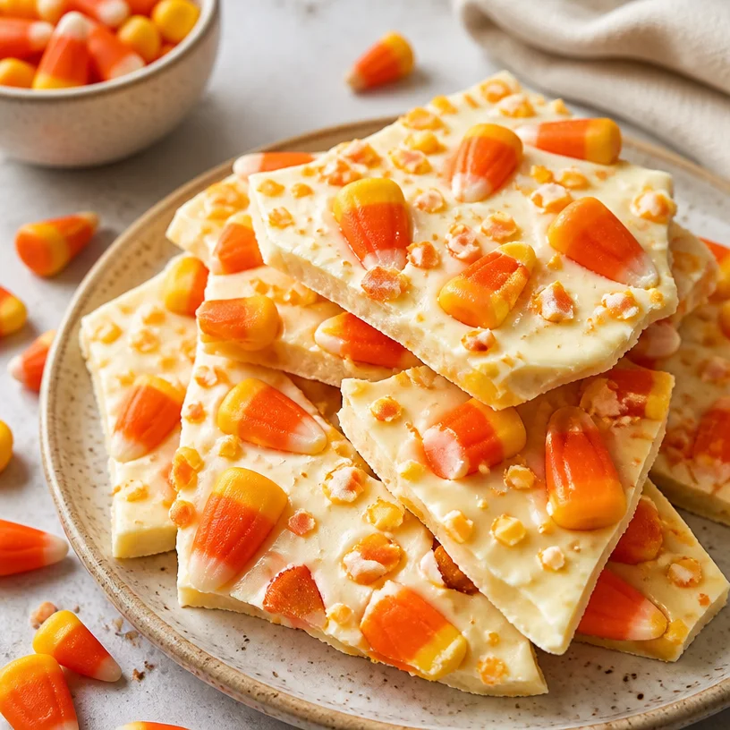 Colorful candy corn bark topped with festive treats