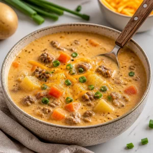 A bowl of delicious cheeseburger soup topped with cheese and fresh herbs.