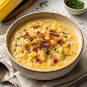 Delicious bowl of creamy corn chowder garnished with herbs