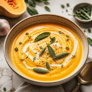 Bowl of creamy butternut squash soup garnished with herbs