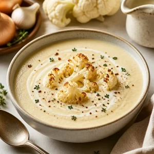 Bowl of creamy cauliflower soup garnished with herbs and served with bread