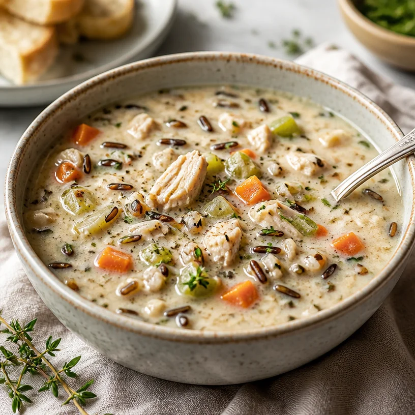 Bowl of creamy chicken wild rice soup topped with herbs