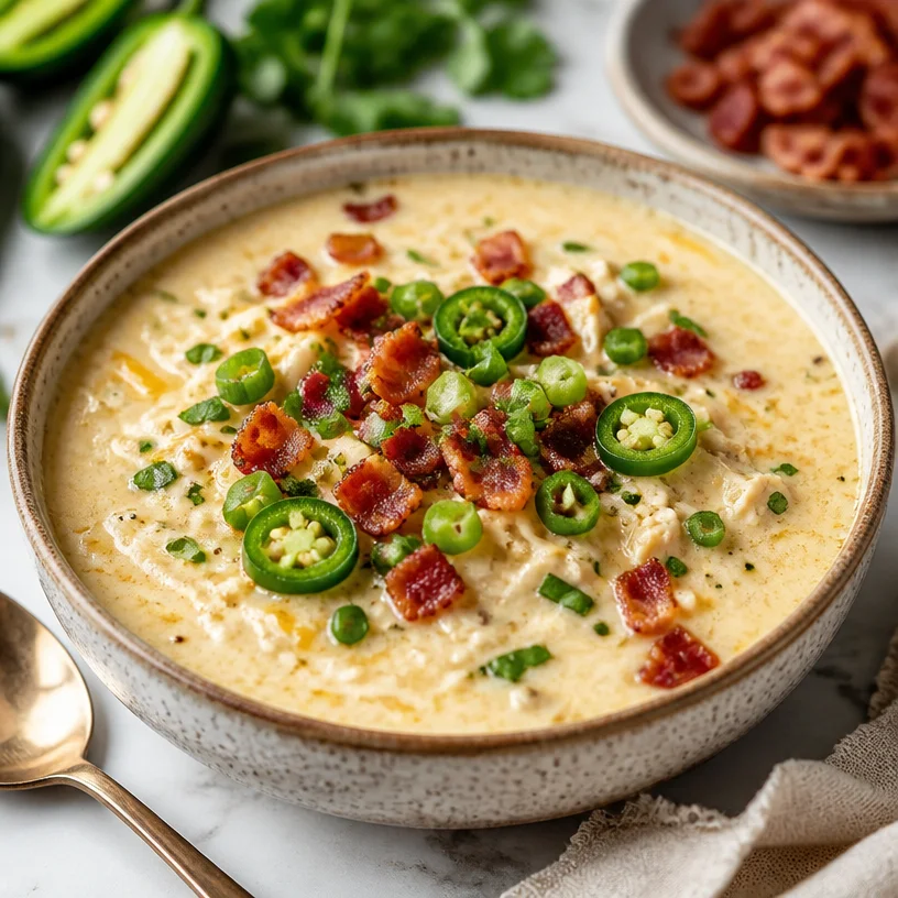 Creamy jalapeño popper soup in a bowl with garnishes