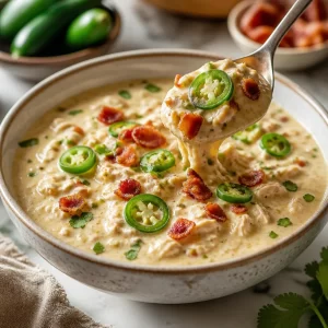 A bowl of creamy jalapeño popper soup topped with cheese and jalapeños.