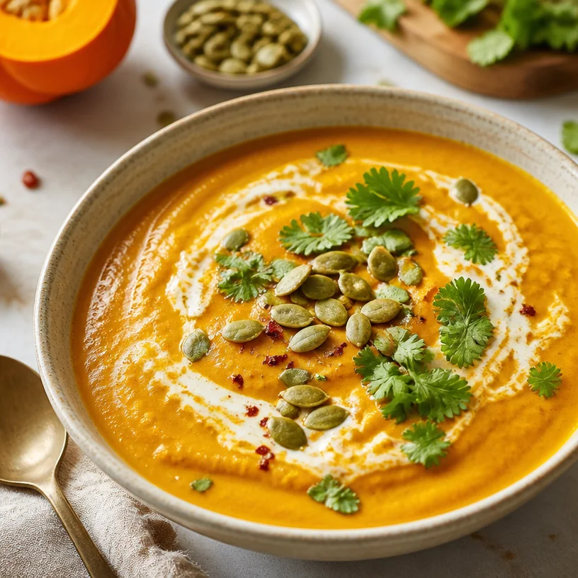 Bowl of creamy pumpkin curry soup garnished with herbs