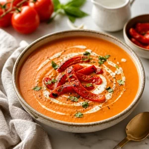 Bowl of creamy roasted red pepper soup garnished with herbs