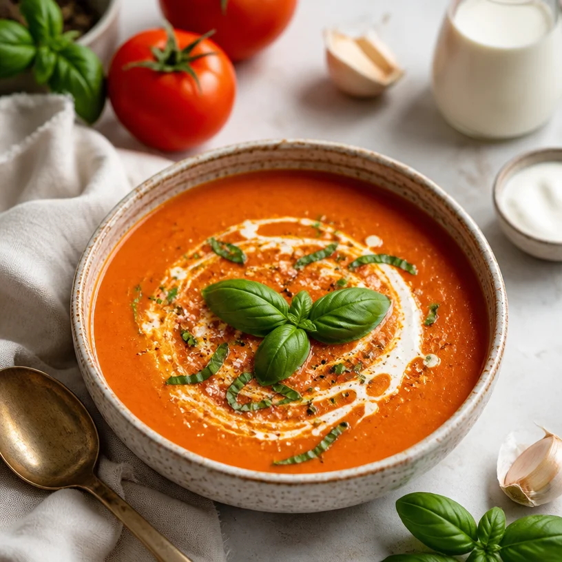 A bowl of creamy tomato basil soup garnished with fresh basil leaves.