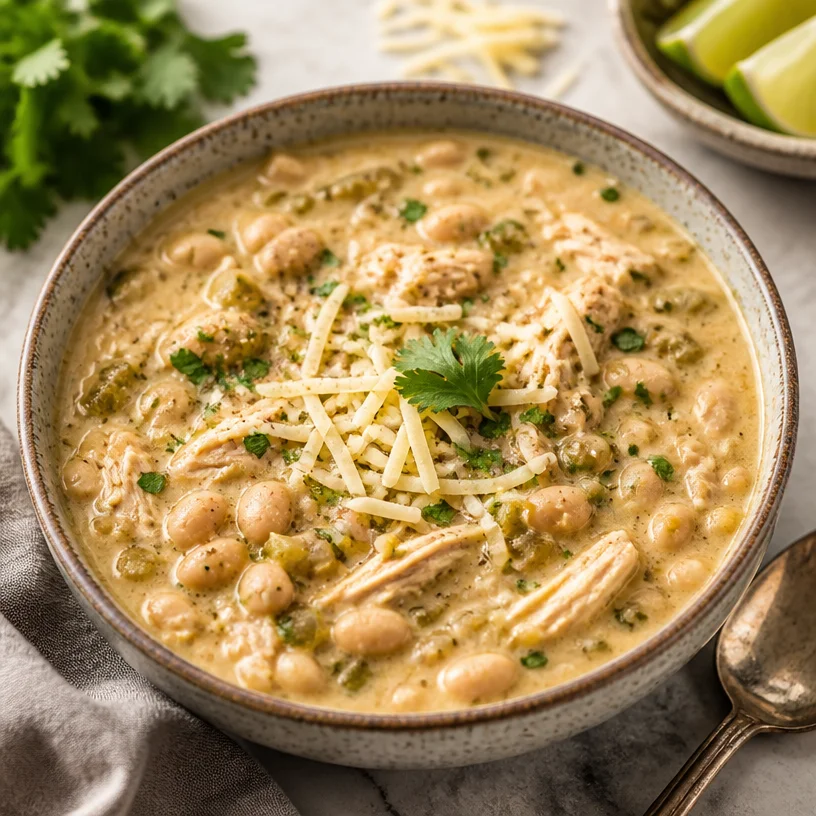 Creamy one-pot white chicken chili cooked in 25 minutes.