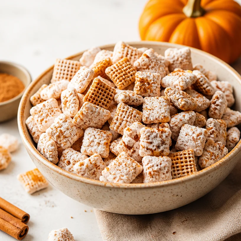 Fall Pumpkin Spice Puppy Chow in a bowl, a no-bake treat for autumn
