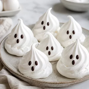 Spooky ghost meringues, a perfect dessert for Halloween celebrations.