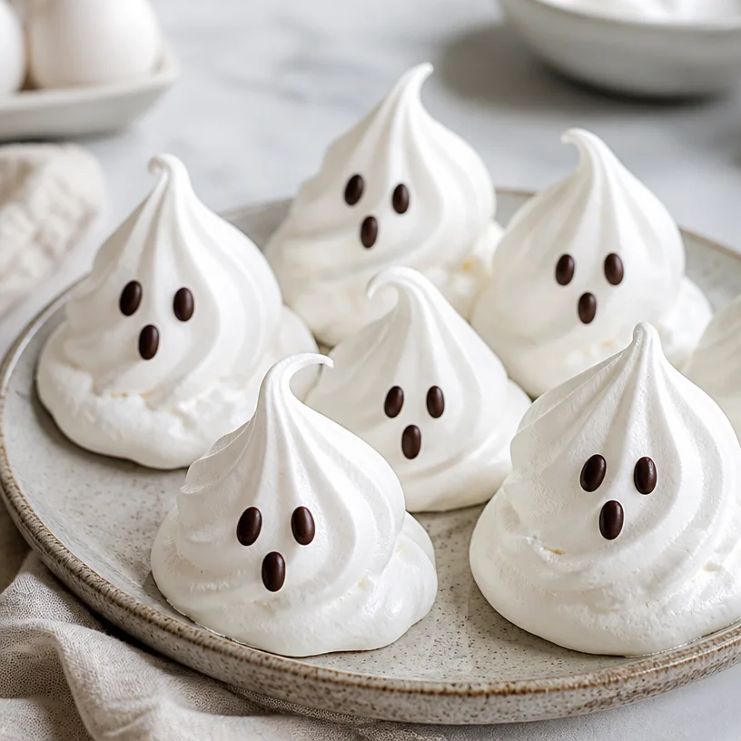 Spooky ghost meringues, a perfect dessert for Halloween celebrations.