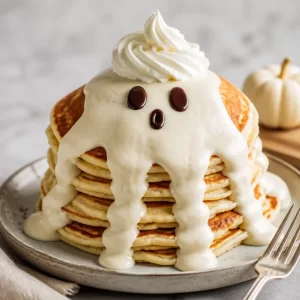 Delicious ghost pancakes with spooky decorations for Halloween breakfast