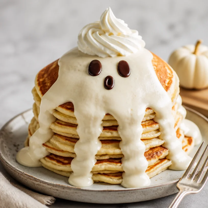 Delicious ghost pancakes with spooky decorations for Halloween breakfast