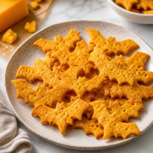 Halloween Bat Cheese Crackers served on a festive platter