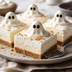 Halloween Ghost Cheesecake Bars - No-Bake creamy dessert for Halloween celebrations