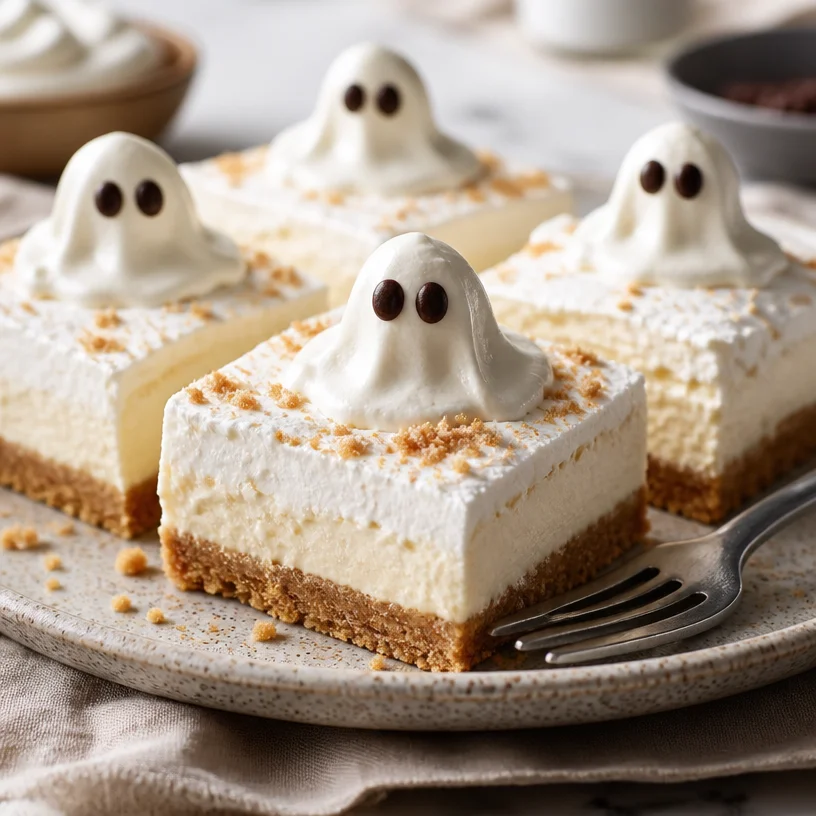 Halloween Ghost Cheesecake Bars - No-Bake creamy dessert for Halloween celebrations