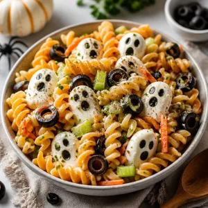 Crispy Halloween Pasta Salad served in spooky bowls for Halloween party