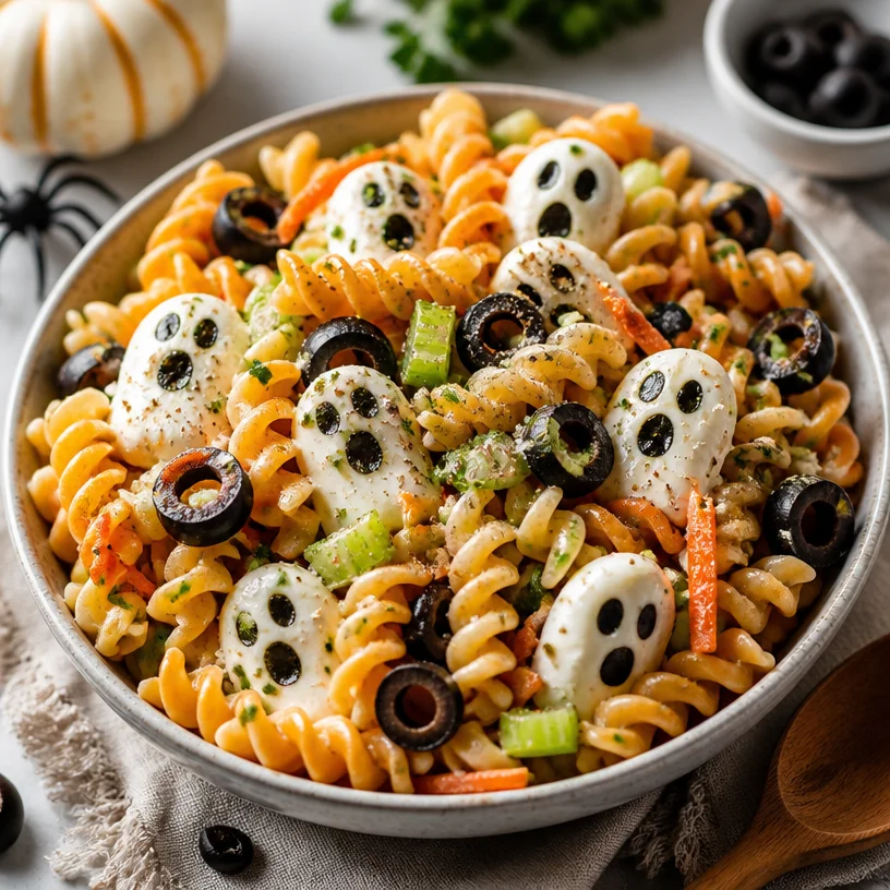 Crispy Halloween Pasta Salad served in spooky bowls for Halloween party