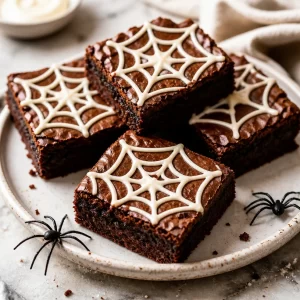 Delicious Halloween spider web brownies decorated with white icing.