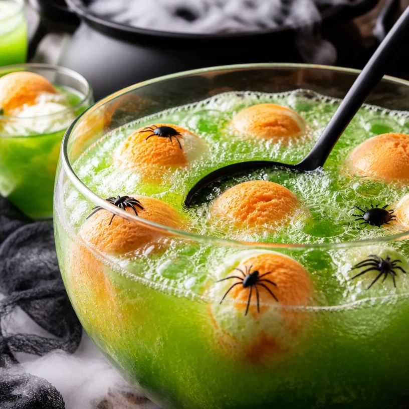 Halloween Witch's Brew Punch served in a cauldron with spooky decorations.