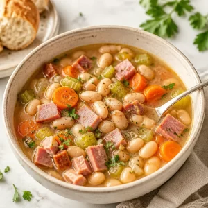 Delicious bowl of Ham & Bean Soup garnished with herbs and spices
