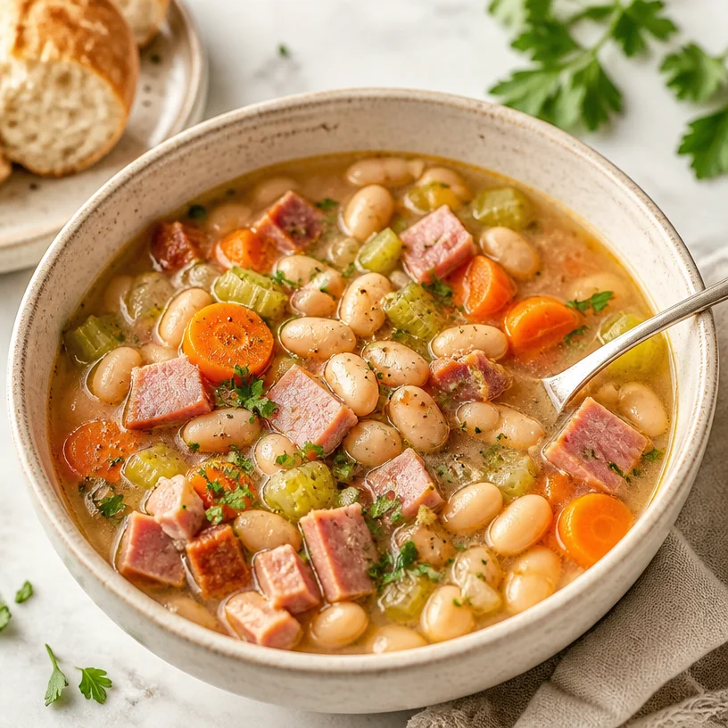 Delicious bowl of Ham & Bean Soup garnished with herbs and spices