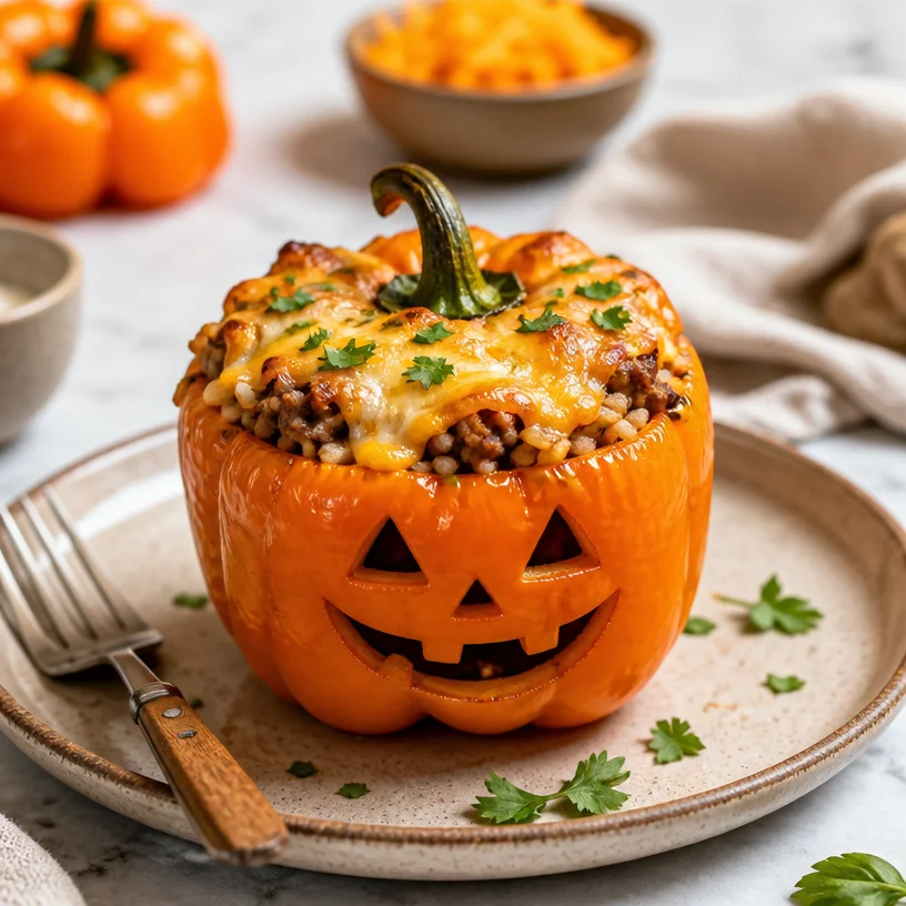 Jack-o'-Lantern stuffed peppers filled with vegetables for Halloween