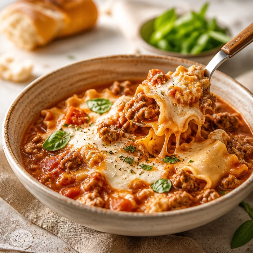A steaming bowl of delicious Lasagna Soup garnished with herbs and cheese