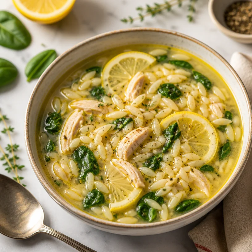 Bowl of Lemon Chicken Orzo Soup garnished with parsley and lemon slices.