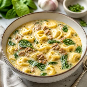 A bowl of creamy tortellini soup garnished with herbs, perfect for quick dinners.