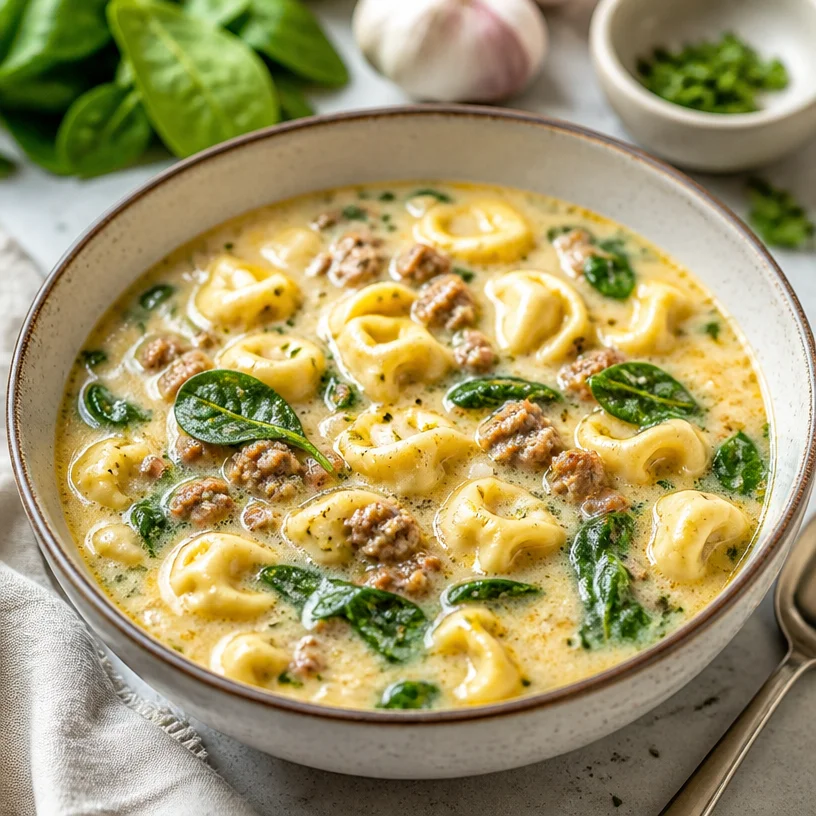 A bowl of creamy tortellini soup garnished with herbs, perfect for quick dinners.