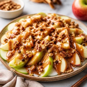 Delicious caramel apple nachos drizzled with caramel sauce and topped with nuts