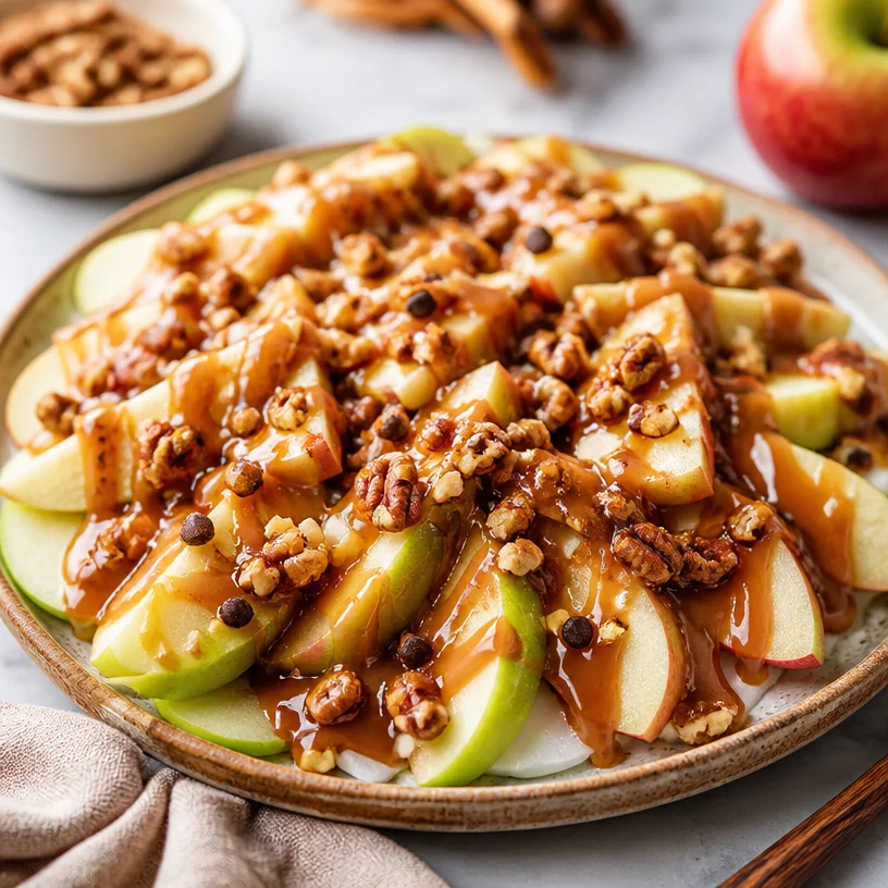 Delicious caramel apple nachos drizzled with caramel sauce and topped with nuts