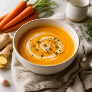 Bowl of creamy carrot ginger soup garnished with herbs.