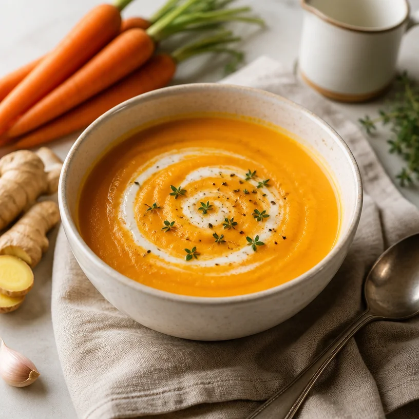 Bowl of creamy carrot ginger soup garnished with herbs.