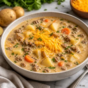 Creamy cheeseburger soup in a bowl, perfect for busy weeknights