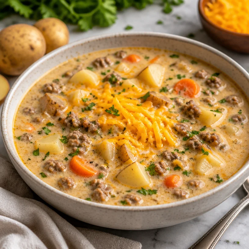 Creamy cheeseburger soup in a bowl, perfect for busy weeknights