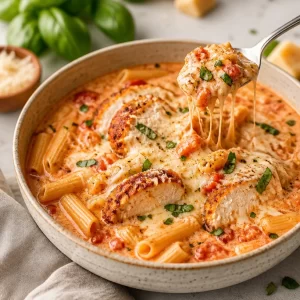 Creamy Chicken Parmesan Soup served in a bowl with pasta and cheese.