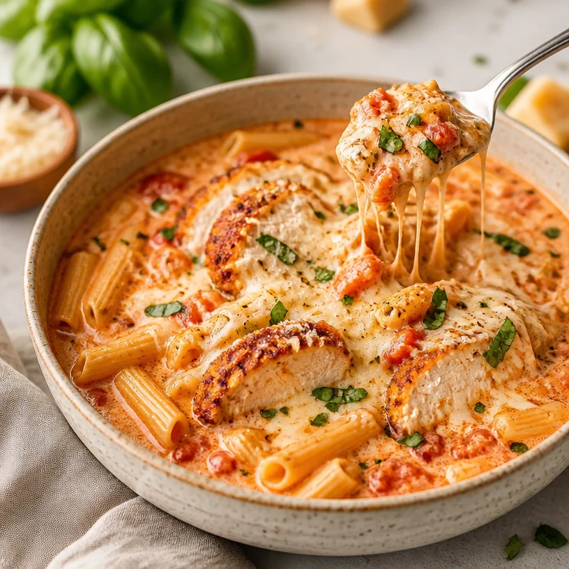 Creamy Chicken Parmesan Soup served in a bowl with pasta and cheese.