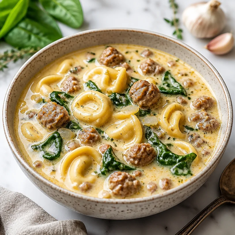 Delicious creamy tortellini soup served in a bowl with fresh herbs.