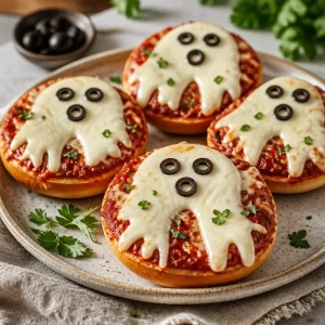 Spooky ghost pizza bagels ready for a quick Halloween-inspired dinner.