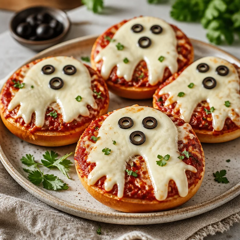 Spooky ghost pizza bagels ready for a quick Halloween-inspired dinner.