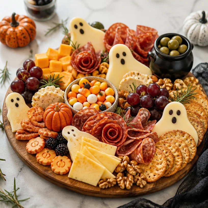 Halloween charcuterie board filled with festive treats for spooky gatherings.