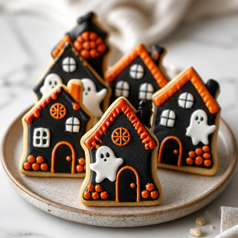 Delicious Haunted House Cookies decorated for Halloween celebration.