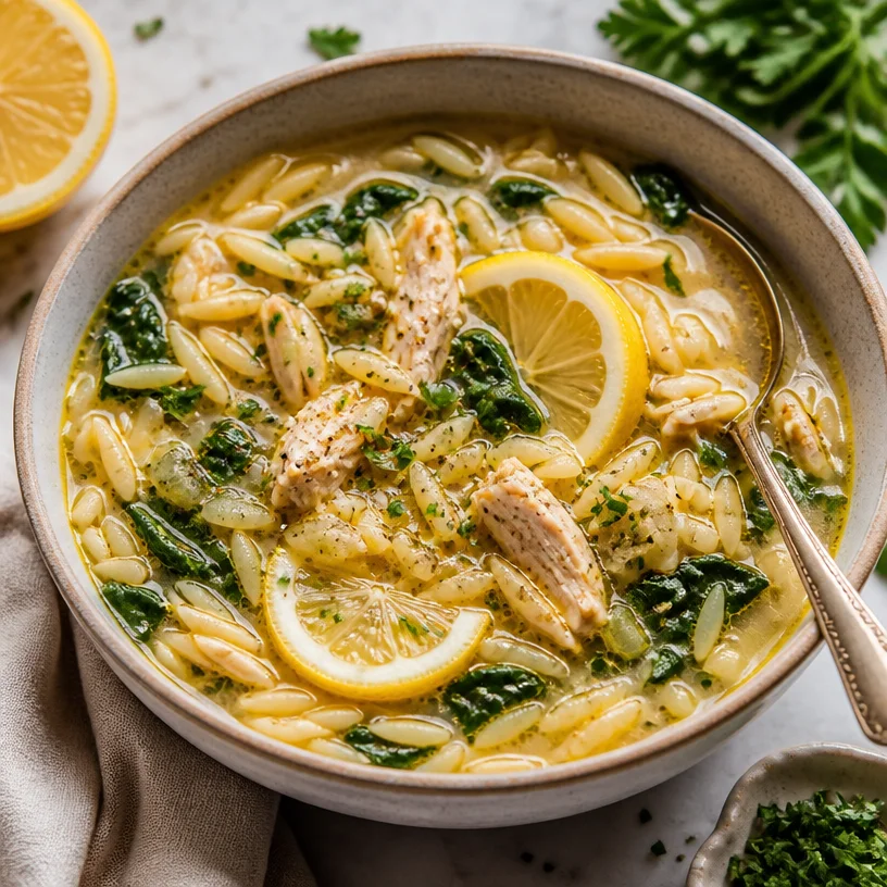Bowl of one-pot lemon chicken orzo soup garnished with lemon and herbs