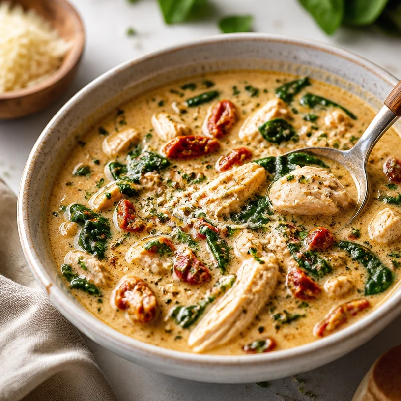 Bowl of Minute One-Pot Marry-Me Chicken Soup garnished with herbs.