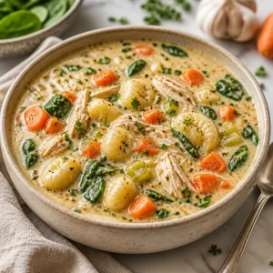 Bowl of creamy chicken gnocchi soup garnished with herbs
