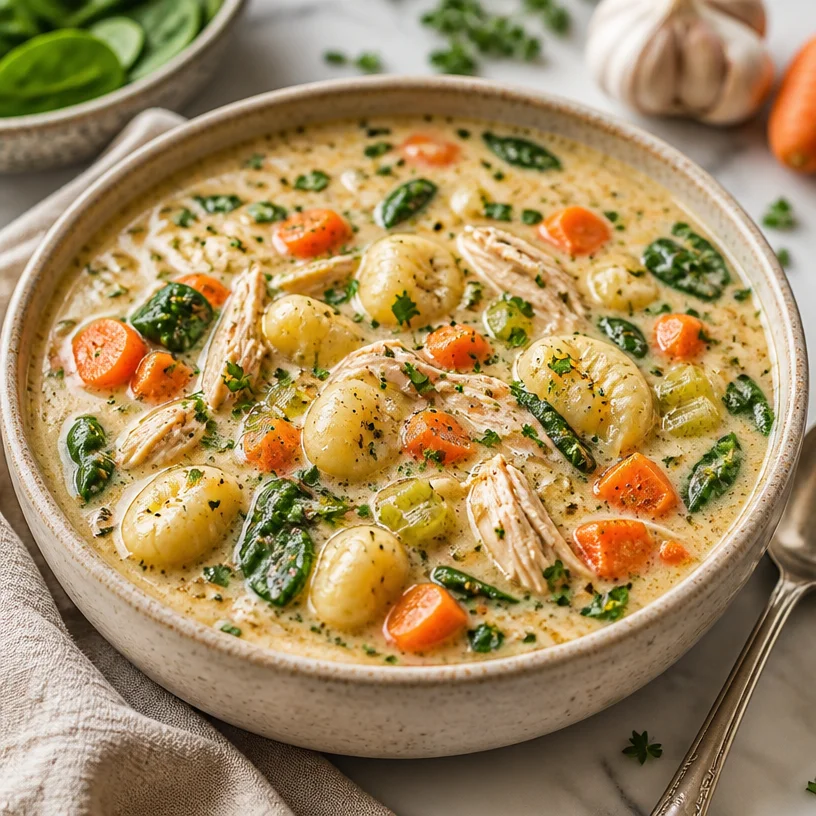 Bowl of creamy chicken gnocchi soup garnished with herbs