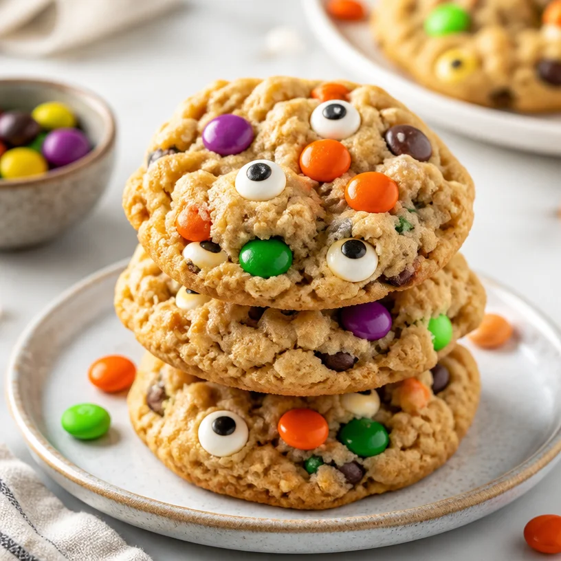 Plate of homemade monster cookies with oats, chocolate chips, and M&Ms.
